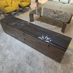 Sophisticated TV Stand with Dark Marble Top, Natural Wood Veneer Panels and Concealed Storage Drawers